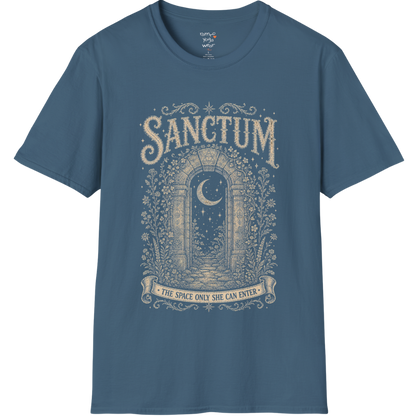 Ancient stone archway with crescent moon and botanical engraving design — Dark Sacred Stillness collection by Ramro Yoga Wear — Indigo Blue