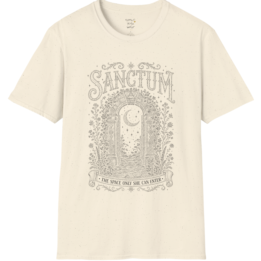 Ancient stone archway with crescent moon and botanical engraving design — Dark Sacred Stillness collection by Ramro Yoga Wear — Natural