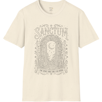 Ancient stone archway with crescent moon and botanical engraving design — Dark Sacred Stillness collection by Ramro Yoga Wear — Natural