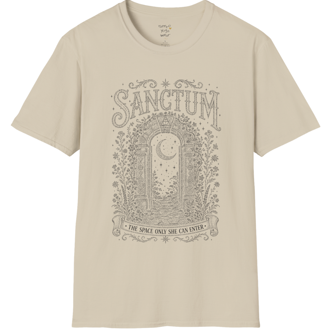 Ancient stone archway with crescent moon and botanical engraving design — Dark Sacred Stillness collection by Ramro Yoga Wear — Sand