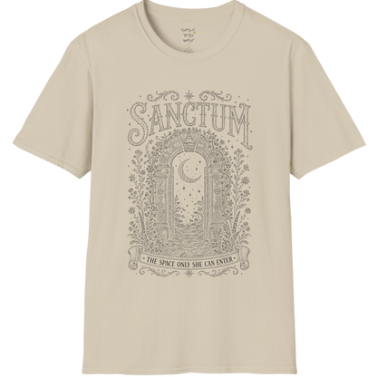 Ancient stone archway with crescent moon and botanical engraving design — Dark Sacred Stillness collection by Ramro Yoga Wear — Sand