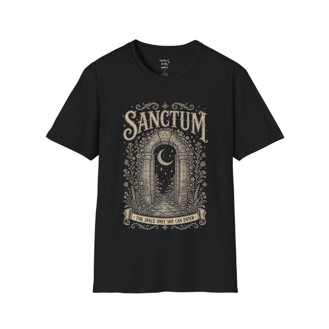 •	Ancient stone archway with crescent moon and botanical engraving design — Dark Sacred Stillness collection by Ramro Yoga Wear — Black