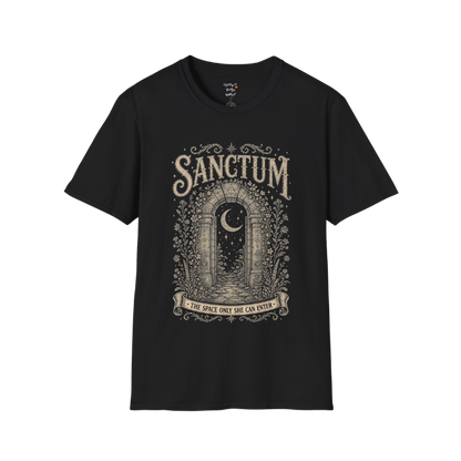 •	Ancient stone archway with crescent moon and botanical engraving design — Dark Sacred Stillness collection by Ramro Yoga Wear — Black