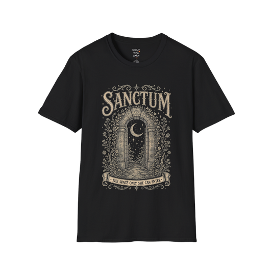 •	Ancient stone archway with crescent moon and botanical engraving design — Dark Sacred Stillness collection by Ramro Yoga Wear — Black