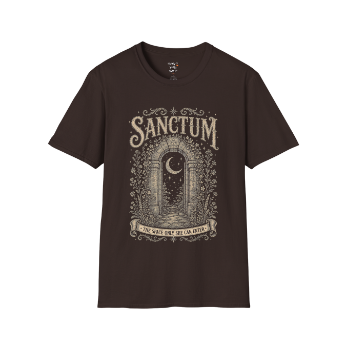 Ancient stone archway with crescent moon and botanical engraving design — Dark Sacred Stillness collection by Ramro Yoga Wear — Dark Chocolate