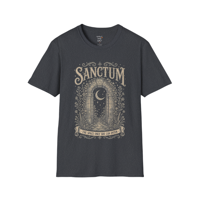 Ancient stone archway with crescent moon and botanical engraving design — Dark Sacred Stillness collection by Ramro Yoga Wear — Dark Heather Grey