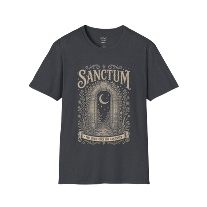 Ancient stone archway with crescent moon and botanical engraving design — Dark Sacred Stillness collection by Ramro Yoga Wear — Dark Heather Grey