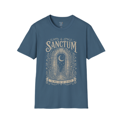 Ancient stone archway with crescent moon and botanical engraving design — Dark Sacred Stillness collection by Ramro Yoga Wear — Indigo Blue