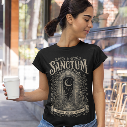 Woman wearing Sanctum black meditation shirt on a city street — Dark Sacred Stillness collection by Ramro Yoga Wear