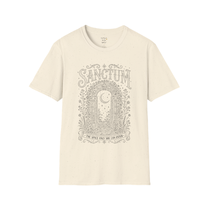 Ancient stone archway with crescent moon and botanical engraving design — Dark Sacred Stillness collection by Ramro Yoga Wear — Natural