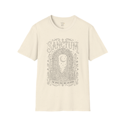 Ancient stone archway with crescent moon and botanical engraving design — Dark Sacred Stillness collection by Ramro Yoga Wear — Natural
