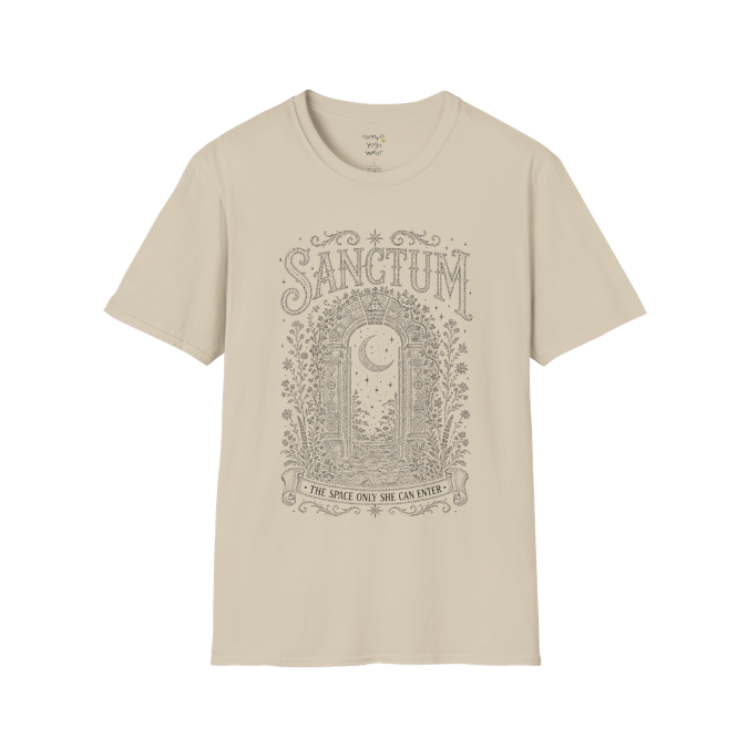 Ancient stone archway with crescent moon and botanical engraving design — Dark Sacred Stillness collection by Ramro Yoga Wear — Sand