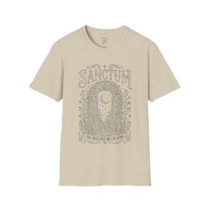 Ancient stone archway with crescent moon and botanical engraving design — Dark Sacred Stillness collection by Ramro Yoga Wear — Sand