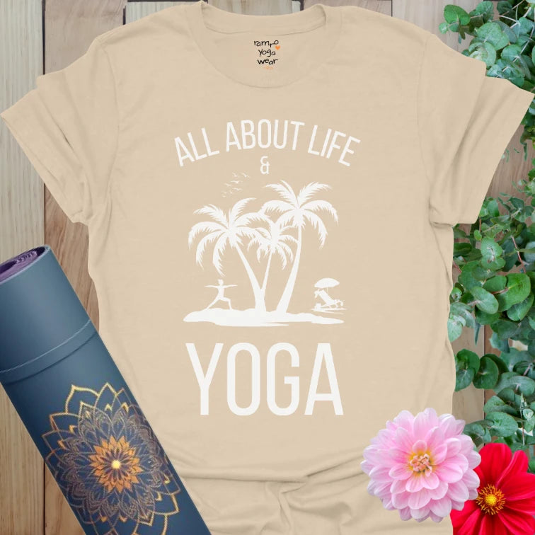 Sand About Life T-Shirt with yoga and palm tree graphic. Earthy tones and peaceful vibes meet comfy cotton feel.