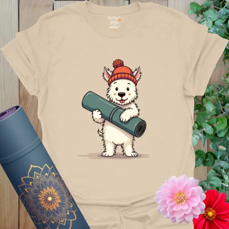 Sand Hamish T-Shirt featuring a Westie dog carrying a yoga mat in a soft and relaxed character design.