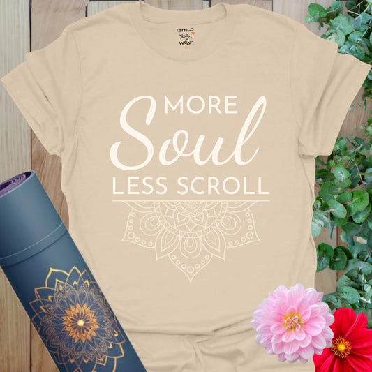 Neutral sand Less Scroll T-Shirt with light print and peaceful mandala. Designed for flow, calm, and clarity.