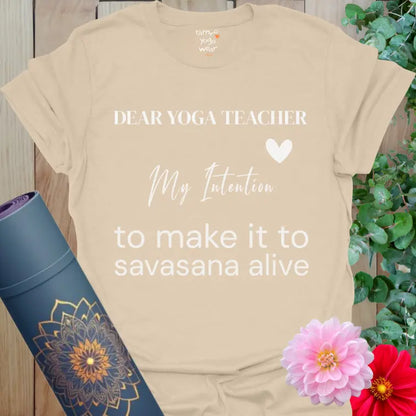 Sand My Intention T-Shirt with minimalist serif header, handwritten script, and playful savasana quote. Soft, calming yoga tee with heart icon.