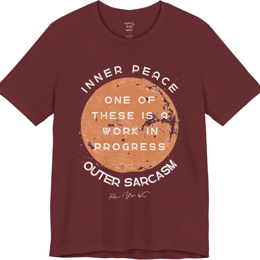 A grunge tee with a sun-washed circular design, text reading "Inner Peace," "One of these is a work in progress," and "Outer Sarcasm" — Funny Yoga Shirts collection by Ramro Yoga Wear in Heather Cardinal.