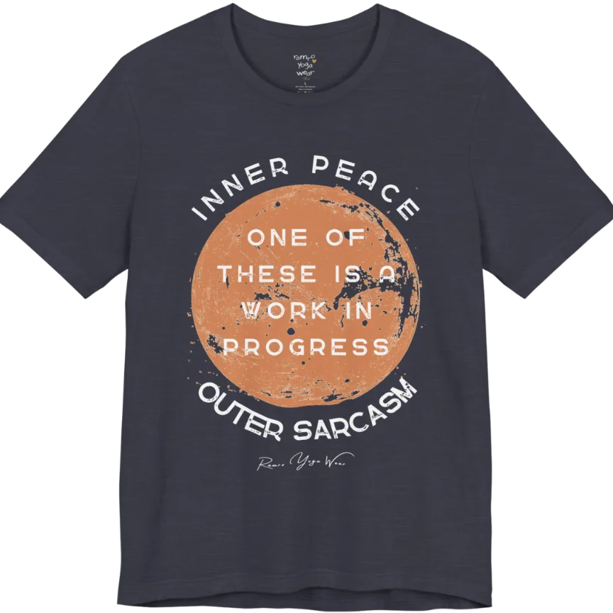 A grunge tee with a sun-washed circular design, text reading "Inner Peace," "One of these is a work in progress," and "Outer Sarcasm" — Funny Yoga Shirts collection by Ramro Yoga Wear in Heather Midnight Navy.