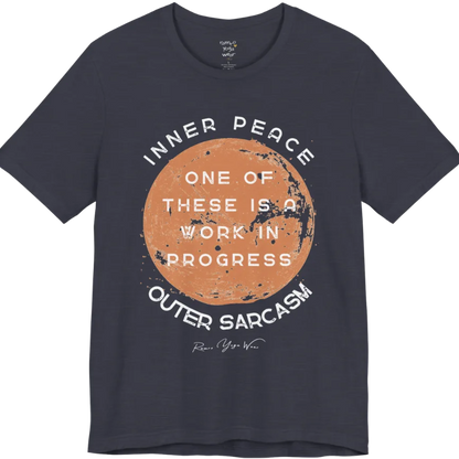 A grunge tee with a sun-washed circular design, text reading "Inner Peace," "One of these is a work in progress," and "Outer Sarcasm" — Funny Yoga Shirts collection by Ramro Yoga Wear in Heather Midnight Navy.