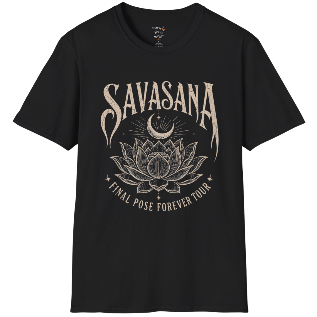 Savasana T-Shirt in Black featuring vintage lotus artwork and calming yoga-inspired spiritual design.