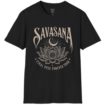 Savasana T-Shirt in Black featuring vintage lotus artwork and calming yoga-inspired spiritual design.