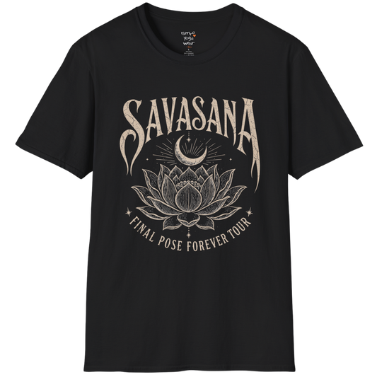 Savasana T-Shirt in Black featuring vintage lotus artwork and calming yoga-inspired spiritual design.