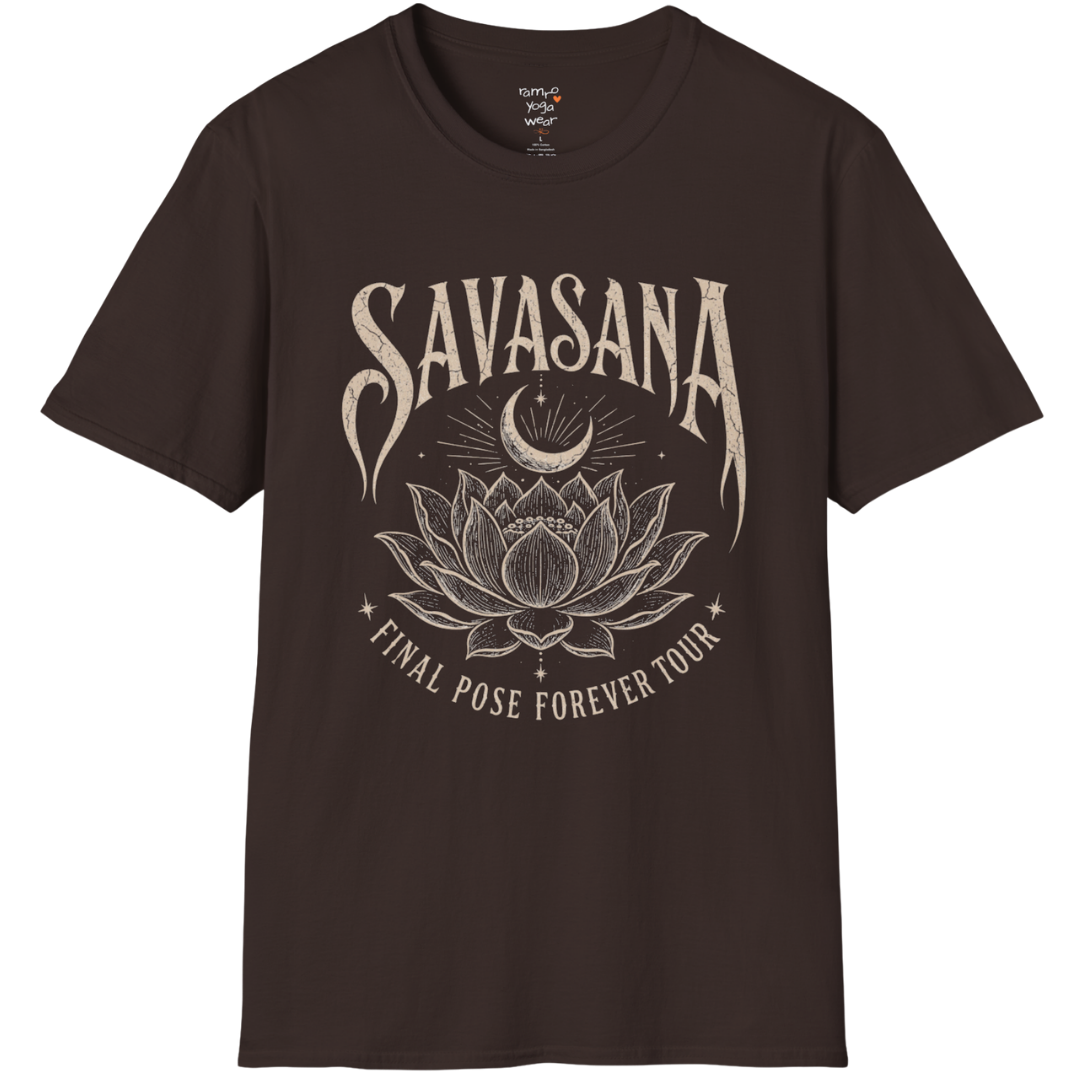 Savasana T-Shirt in Dark Chocolate with detailed lotus illustration and relaxed mindful yoga aesthetic.