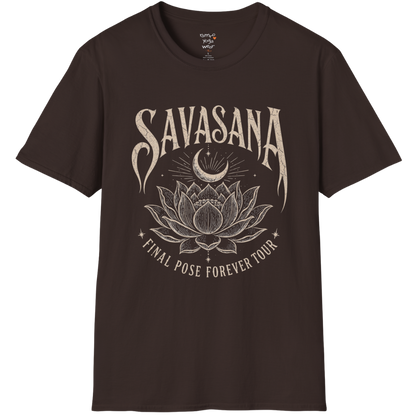 Savasana T-Shirt in Dark Chocolate with detailed lotus illustration and relaxed mindful yoga aesthetic.