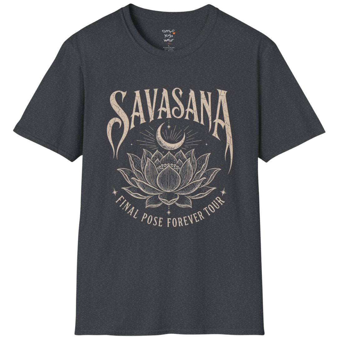Savasana T-Shirt in Dark Heather Grey featuring vintage-inspired lotus artwork and calming spiritual energy.