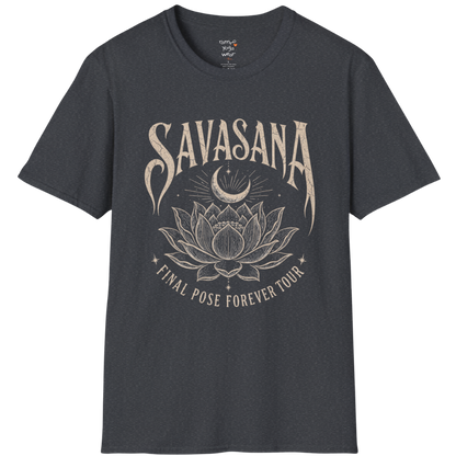 Savasana T-Shirt in Dark Heather Grey featuring vintage-inspired lotus artwork and calming spiritual energy.