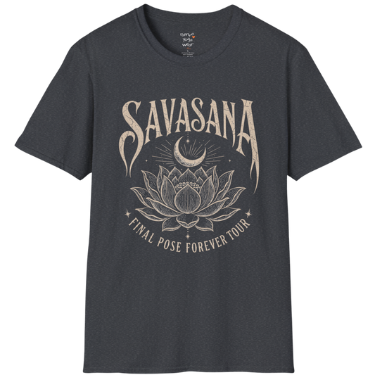 Savasana T-Shirt in Dark Heather Grey featuring vintage-inspired lotus artwork and calming spiritual energy.