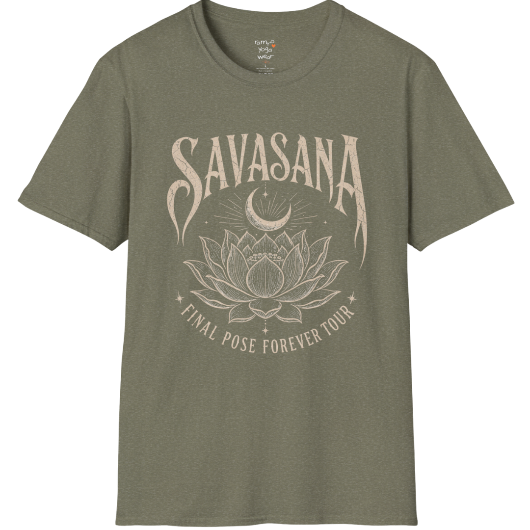 Savasana T-Shirt in Heather Military Green with yoga-inspired lotus graphic and relaxed earthy styling.