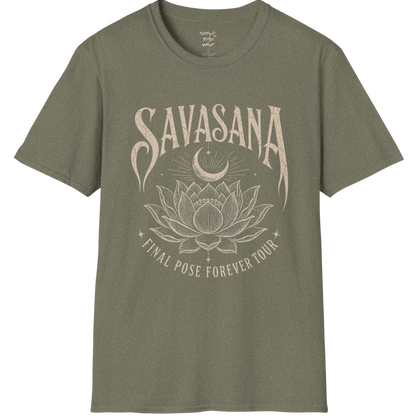 Savasana T-Shirt in Heather Military Green with yoga-inspired lotus graphic and relaxed earthy styling.