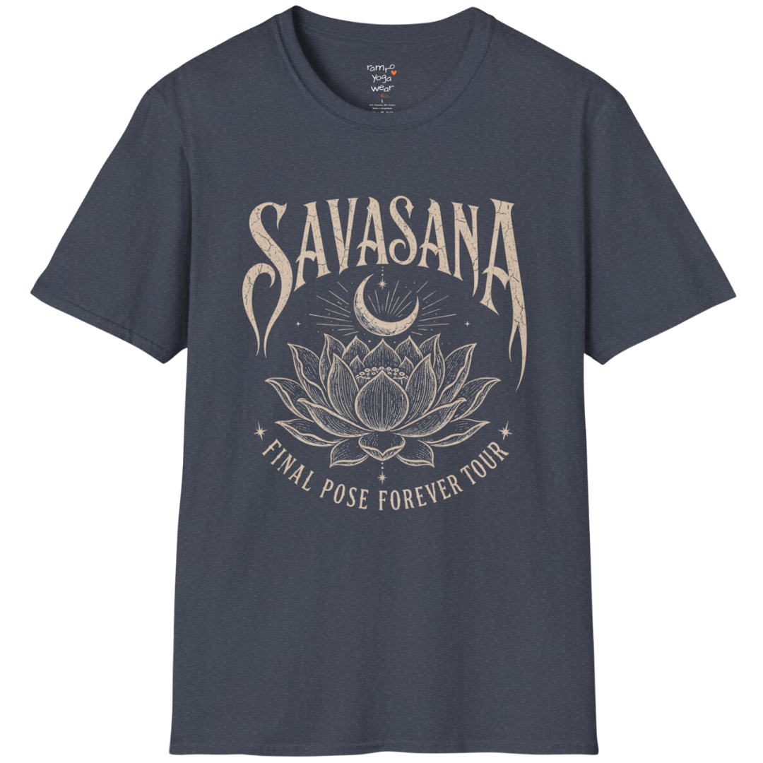Savasana T-Shirt in Heather Navy featuring vintage lotus artwork and soulful mindful living aesthetic.