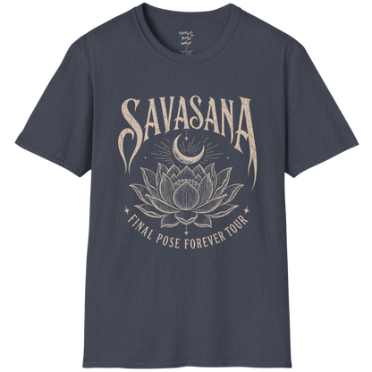 Savasana T-Shirt in Heather Navy featuring vintage lotus artwork and soulful mindful living aesthetic.