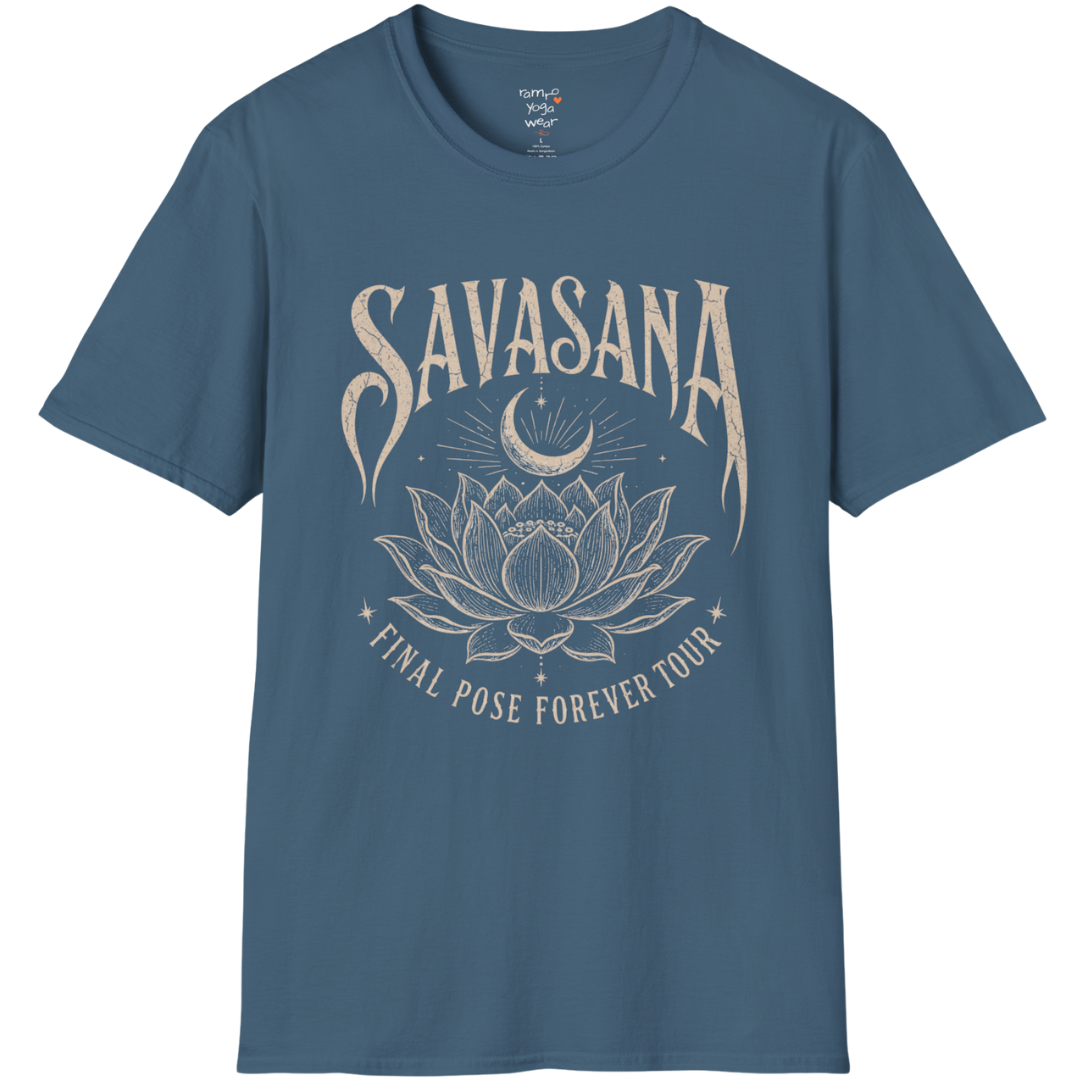 Savasana T-Shirt in Indigo Blue featuring detailed lotus artwork and relaxed yoga-inspired streetwear styling.