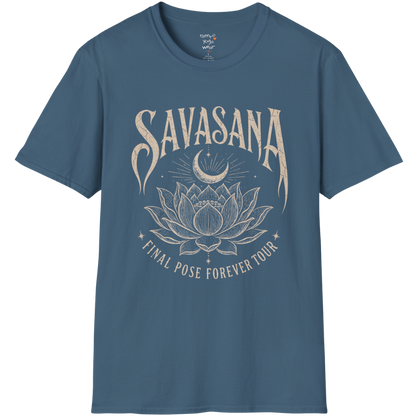 Savasana T-Shirt in Indigo Blue featuring detailed lotus artwork and relaxed yoga-inspired streetwear styling.