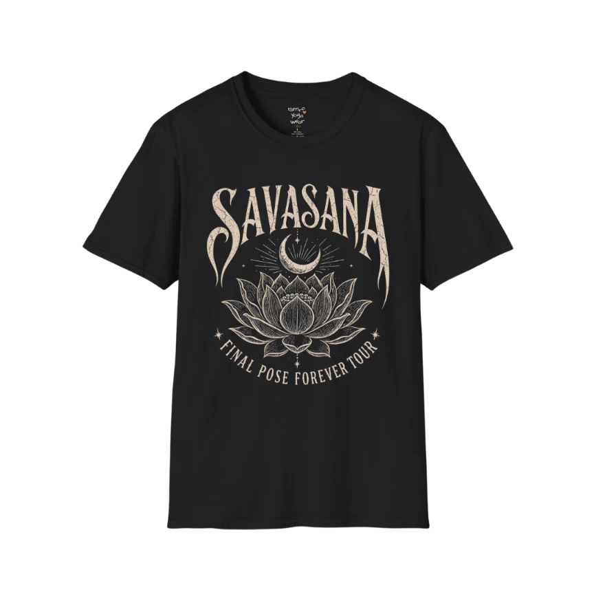 Savasana T-Shirt in Black featuring vintage lotus artwork and calming yoga-inspired spiritual design.