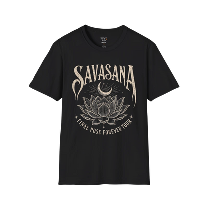 Savasana T-Shirt in Black featuring vintage lotus artwork and calming yoga-inspired spiritual design.