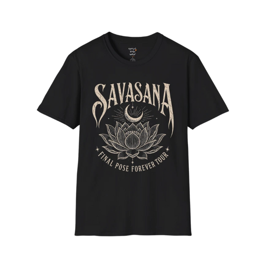 Savasana T-Shirt in Black featuring vintage lotus artwork and calming yoga-inspired spiritual design.
