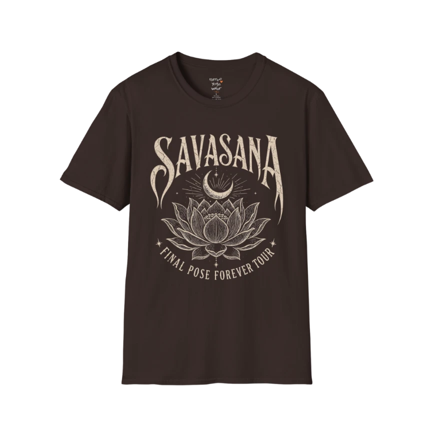 Savasana T-Shirt in Dark Chocolate with detailed lotus illustration and relaxed mindful yoga aesthetic.