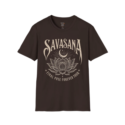 Savasana T-Shirt in Dark Chocolate with detailed lotus illustration and relaxed mindful yoga aesthetic.