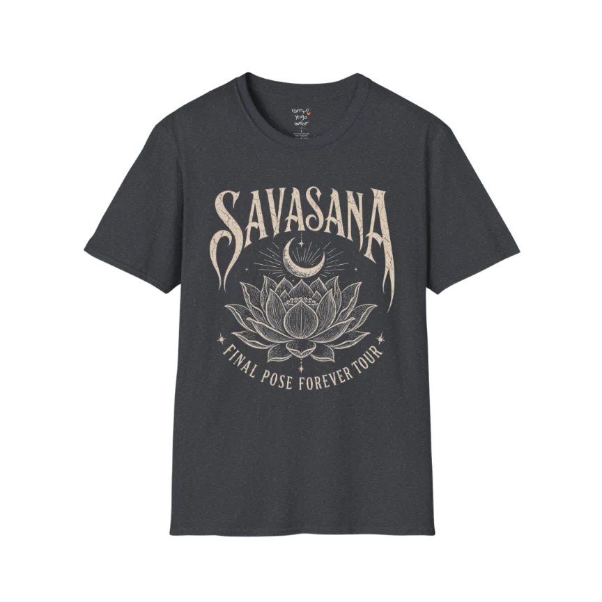 Savasana T-Shirt in Dark Heather Grey featuring vintage-inspired lotus artwork and calming spiritual energy.