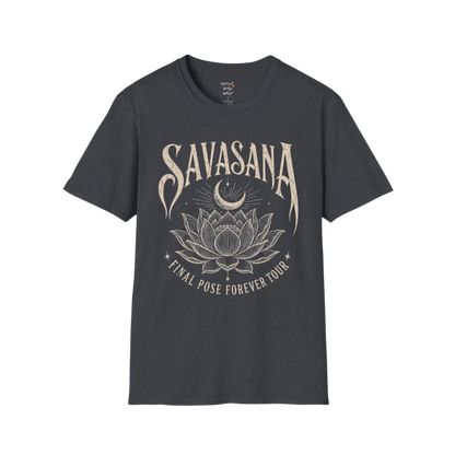 Savasana T-Shirt in Dark Heather Grey featuring vintage-inspired lotus artwork and calming spiritual energy.