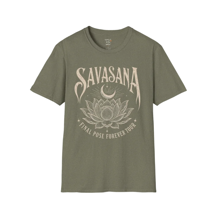 Savasana T-Shirt in Heather Military Green with yoga-inspired lotus graphic and relaxed earthy styling.