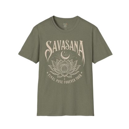 Savasana T-Shirt in Heather Military Green with yoga-inspired lotus graphic and relaxed earthy styling.