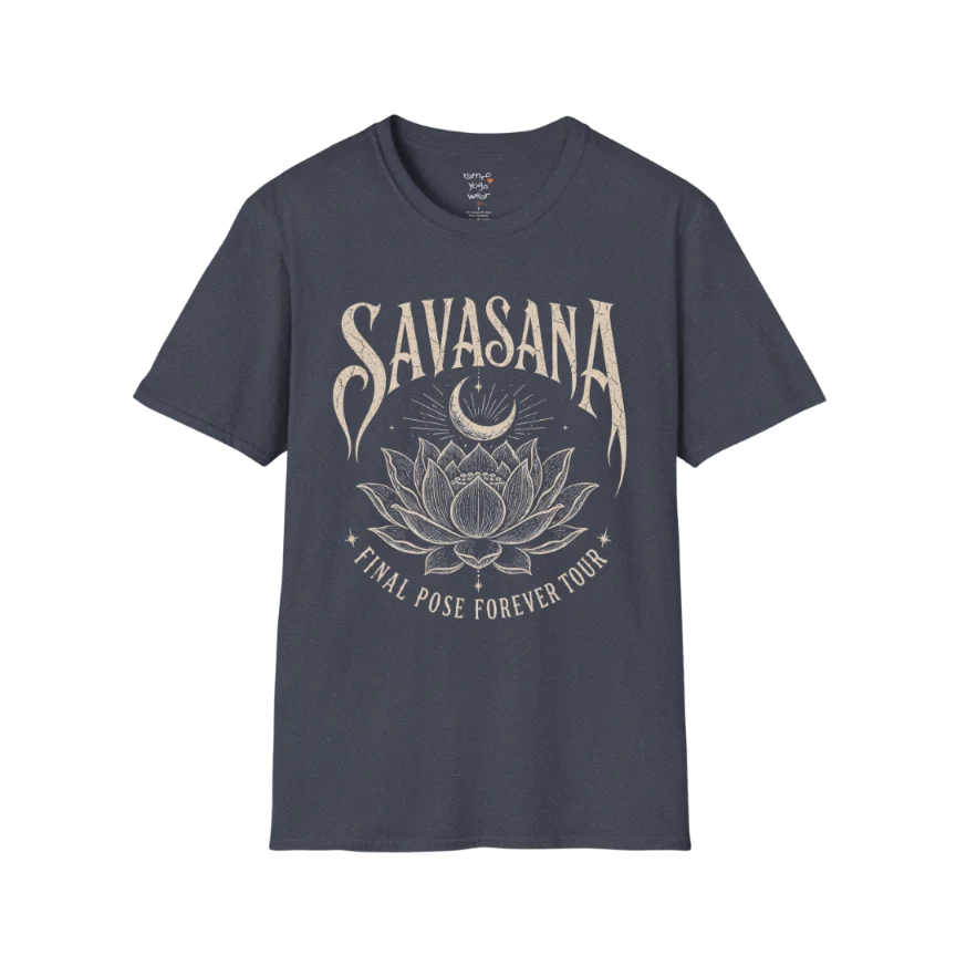 Savasana T-Shirt in Heather Navy featuring vintage lotus artwork and soulful mindful living aesthetic.