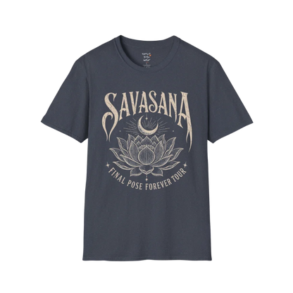 Savasana T-Shirt in Heather Navy featuring vintage lotus artwork and soulful mindful living aesthetic.