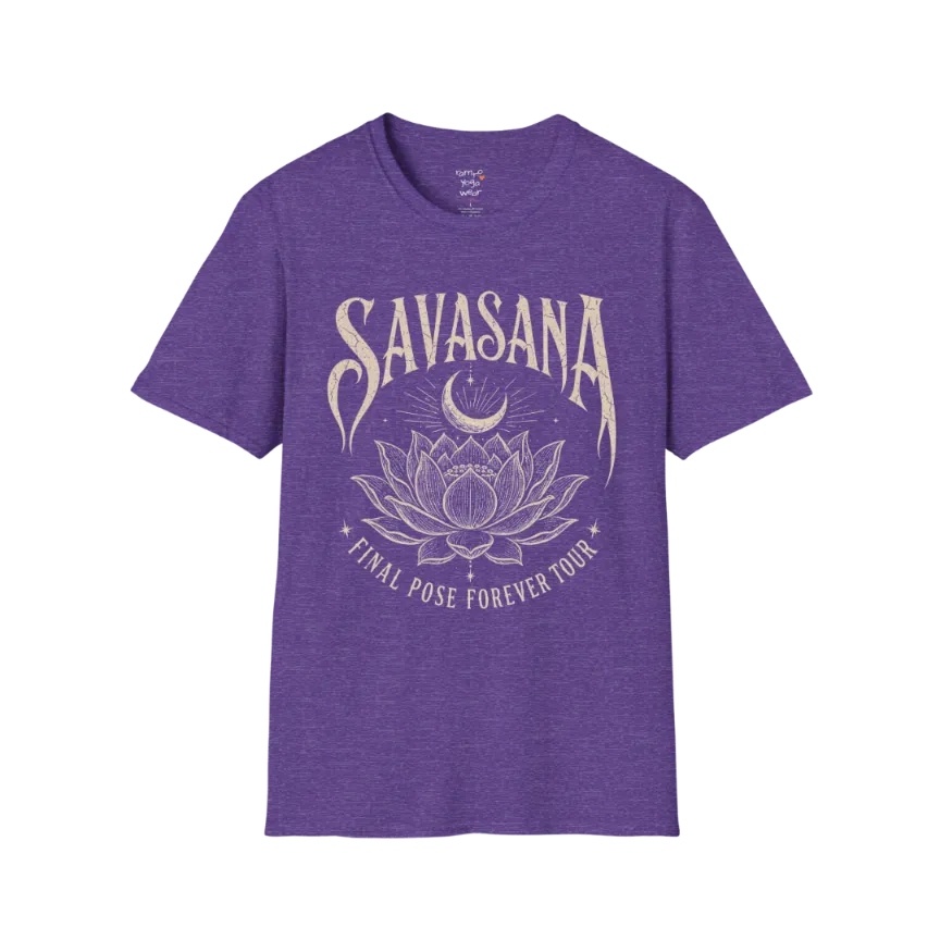 Savasana T-Shirt in Heather Purple with calming yoga-inspired artwork and soft feminine spiritual energy.